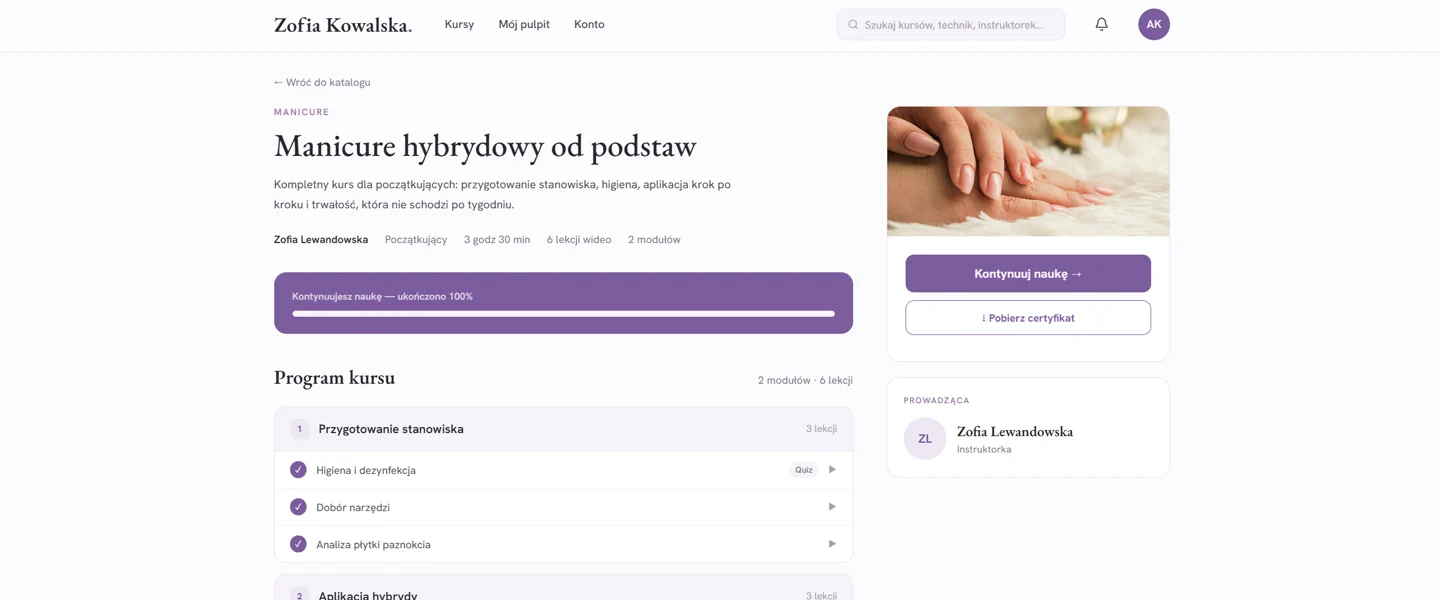 Widok kursu online w szkole